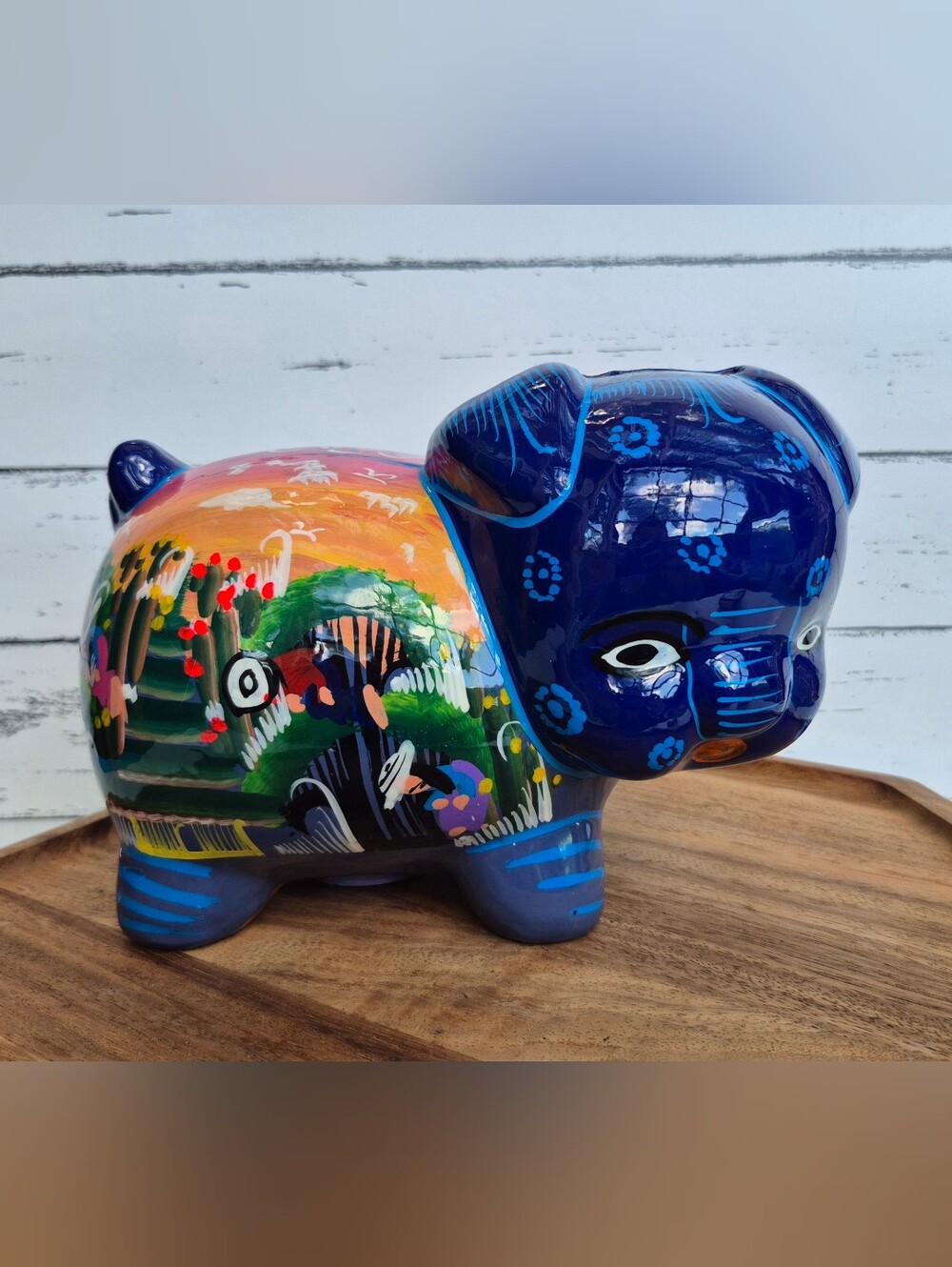Vintage Mexican Talavera Style Ceramic Piggy Bank Hand Painted Cobalt Blue LARGE